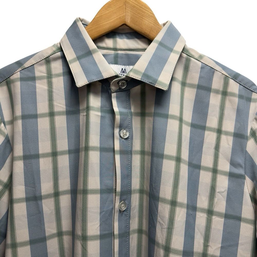 Mizzen Main Men's L Tall Trim Button Front Shirt Blue/Green/Beige Plaid Stretch